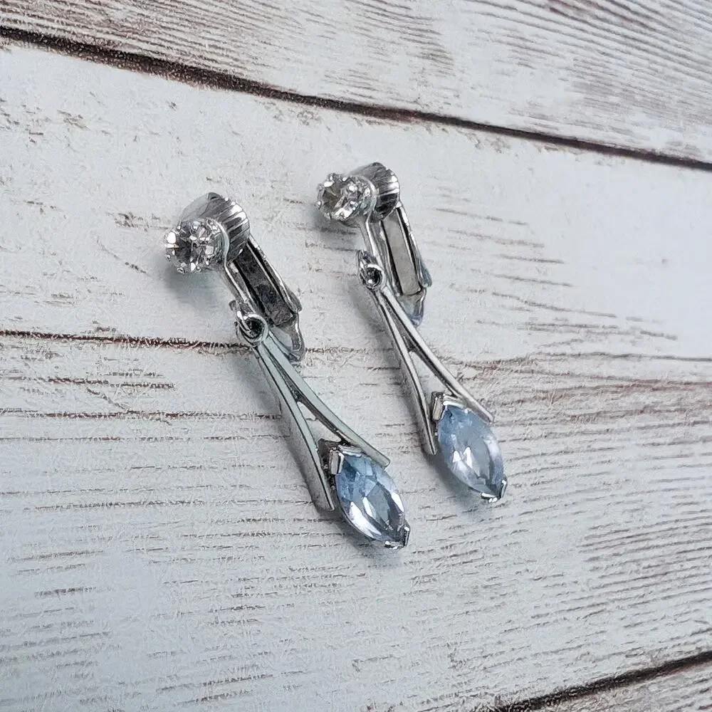 Vintage Avon Clip On Earrings - Silver Tone with Blue Gem Dangle